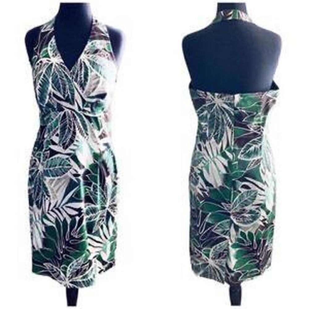 Tropical Leaf Halter Dress | Green White Black | Size M | Jones New York